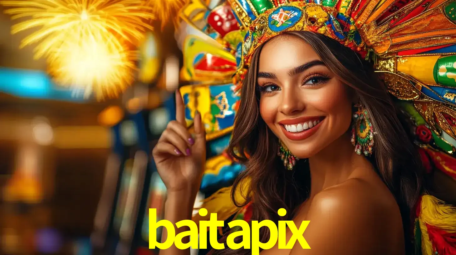 Mulher sorridente com um cocar de carnaval vibrante e colorido, celebrando uma grande vitória nos jogos do cassino baitapix com fogos de artifício ao fundo.