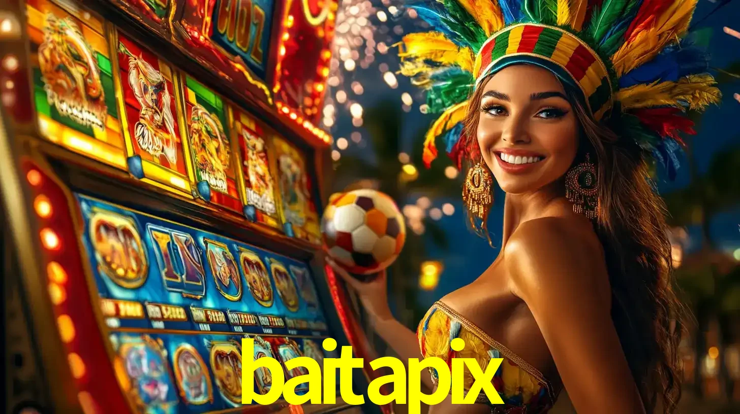Mulher com um cocar de carnaval ao lado de uma máquina de caça-níqueis enquanto segura uma bola de futebol, mostrando a união da diversão de cassino e esportes no baitapix.