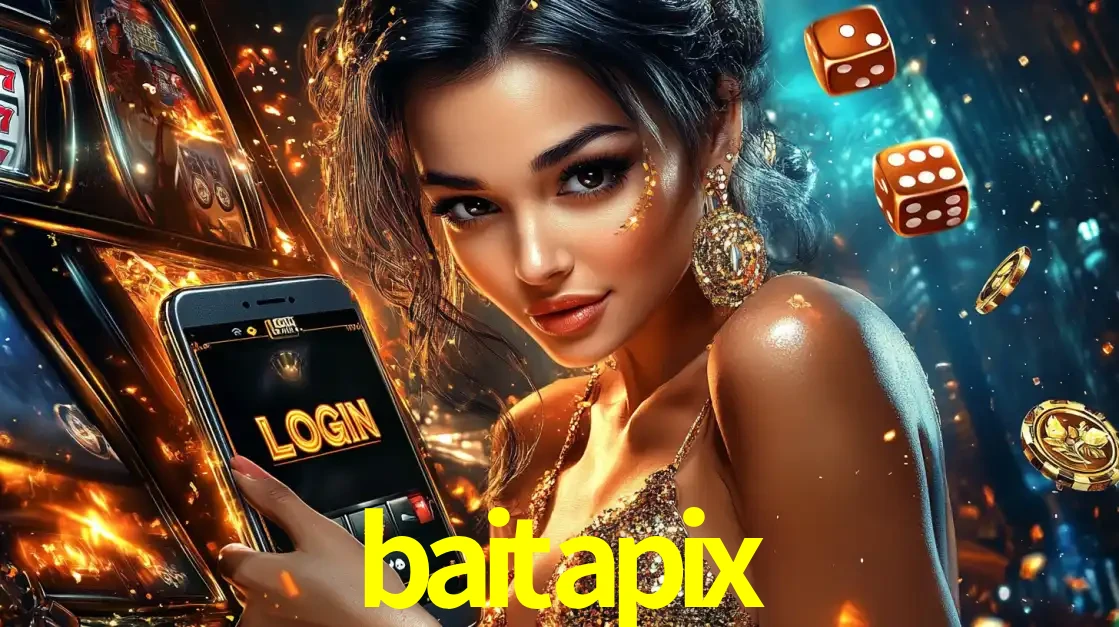 Mulher glamourosa segurando um celular com a tela de login do cassino baitapix, rodeada por dados e moedas douradas, pronta para começar a diversão.