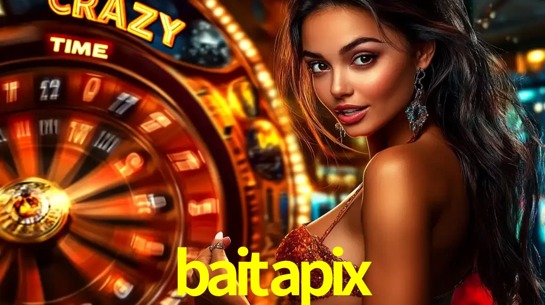 Mulher ao lado da roda de prêmios do jogo de cassino ao vivo Crazy Time, um dos shows de jogos mais emocionantes oferecidos pela plataforma de apostas baitapix.