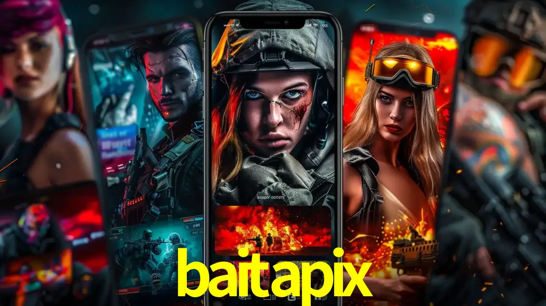 Montagem de telas de celular mostrando diversos personagens, masculinos e femininos, de um jogo de tiro, ilustrando a diversidade de equipes de e-sports para apostar no baitapix.