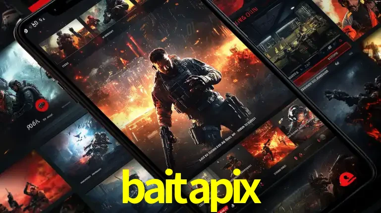 Tela de um celular exibindo uma galeria de jogos de tiro com temática militar, mostrando a variedade de e-sports disponíveis para apostas na plataforma de entretenimento baitapix.