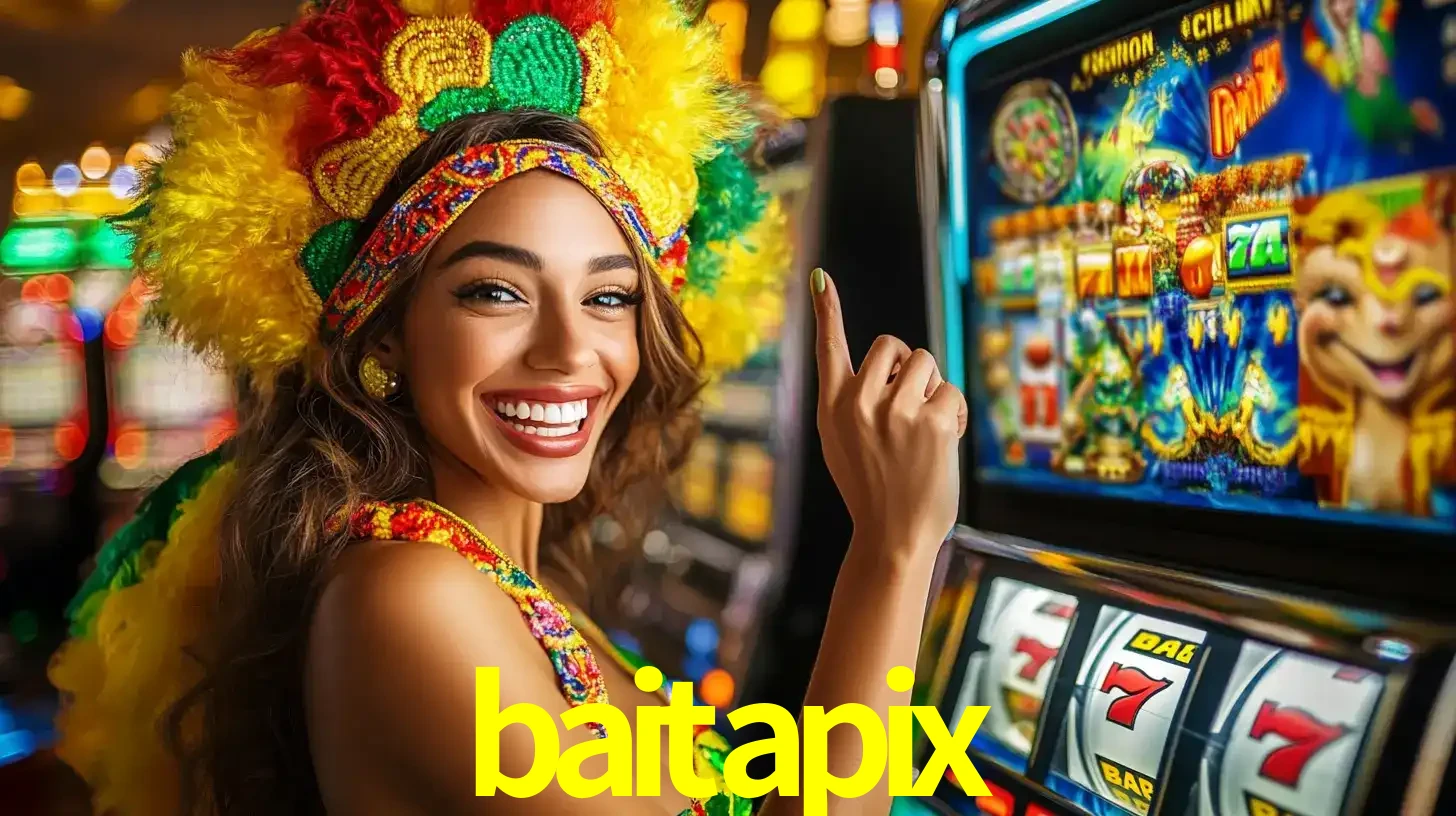 Mulher animada com um cocar de carnaval apontando para uma máquina de caça-níqueis, mostrando a emoção de ganhar um grande prêmio nos jogos do baitapix.
