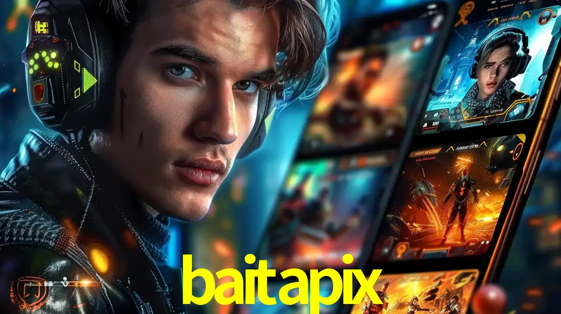 Jovem jogador com fones de ouvido olhando para a câmera, com um aplicativo de jogos e e-sports para celular ao fundo, pronto para a competição e apostas no baitapix.