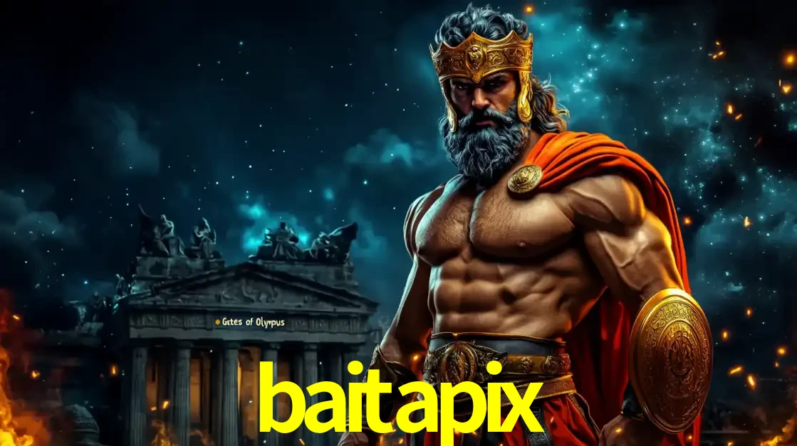 O poderoso Zeus do jogo de slot Gates of Olympus em frente ao seu templo, pronto para lançar multiplicadores divinos e prêmios épicos no cassino online baitapix.