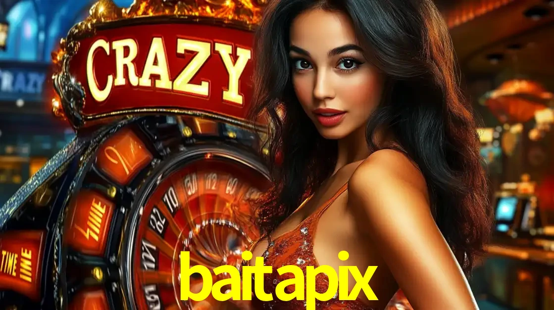 Mulher glamourosa olhando para a câmera com a roda vermelha do Crazy Time ao fundo em um ambiente de cassino, destacando a emoção dos jogos ao vivo no baitapix.