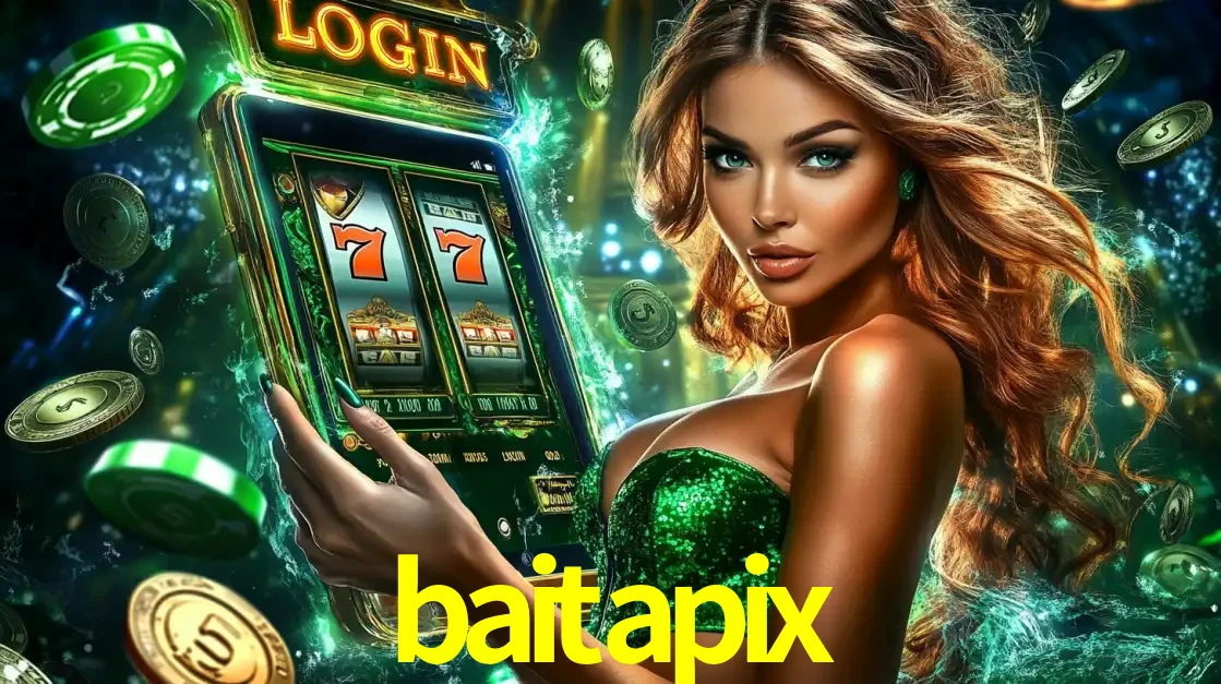 Mulher com tema verde apresentando o aplicativo do cassino baitapix com um jogo de slot de 777, cercada por fichas de cassino e uma aura de sorte.