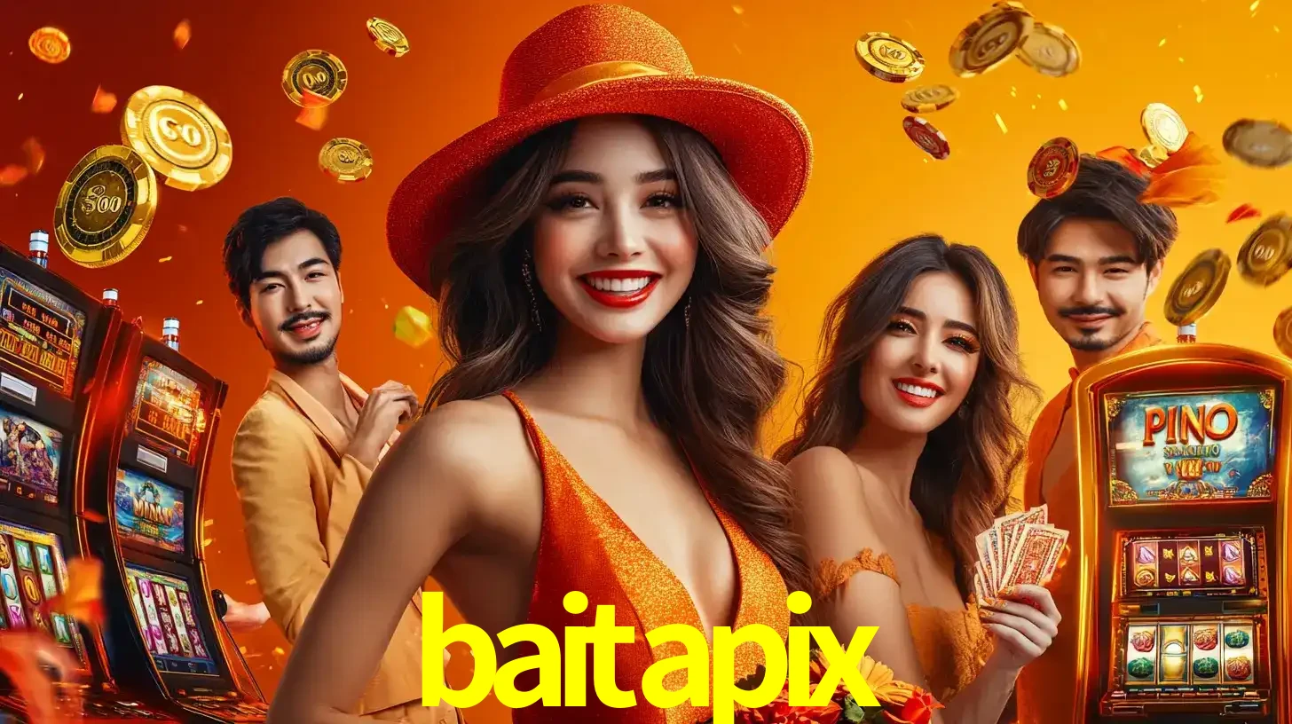 Grupo de amigos asiáticos sorrindo e se divertindo com máquinas de caça-níqueis em um ambiente festivo, celebrando suas vitórias nos jogos de cassino do baitapix.