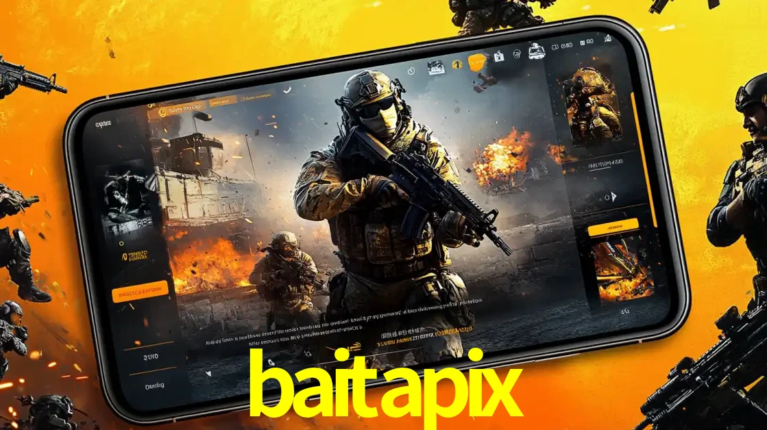 Um smartphone exibindo a interface de um jogo de tiro em primeira pessoa, com um soldado em um cenário de batalha, representando a ação dos e-sports para apostar no baitapix.