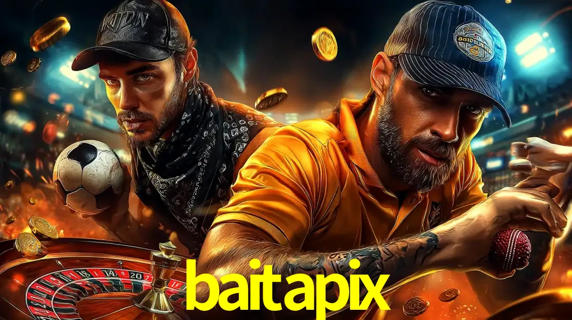 Montagem de apostas esportivas e cassino no baitapix, com um homem segurando uma bola de futebol e outro uma de beisebol sobre uma roleta e moedas voadoras.