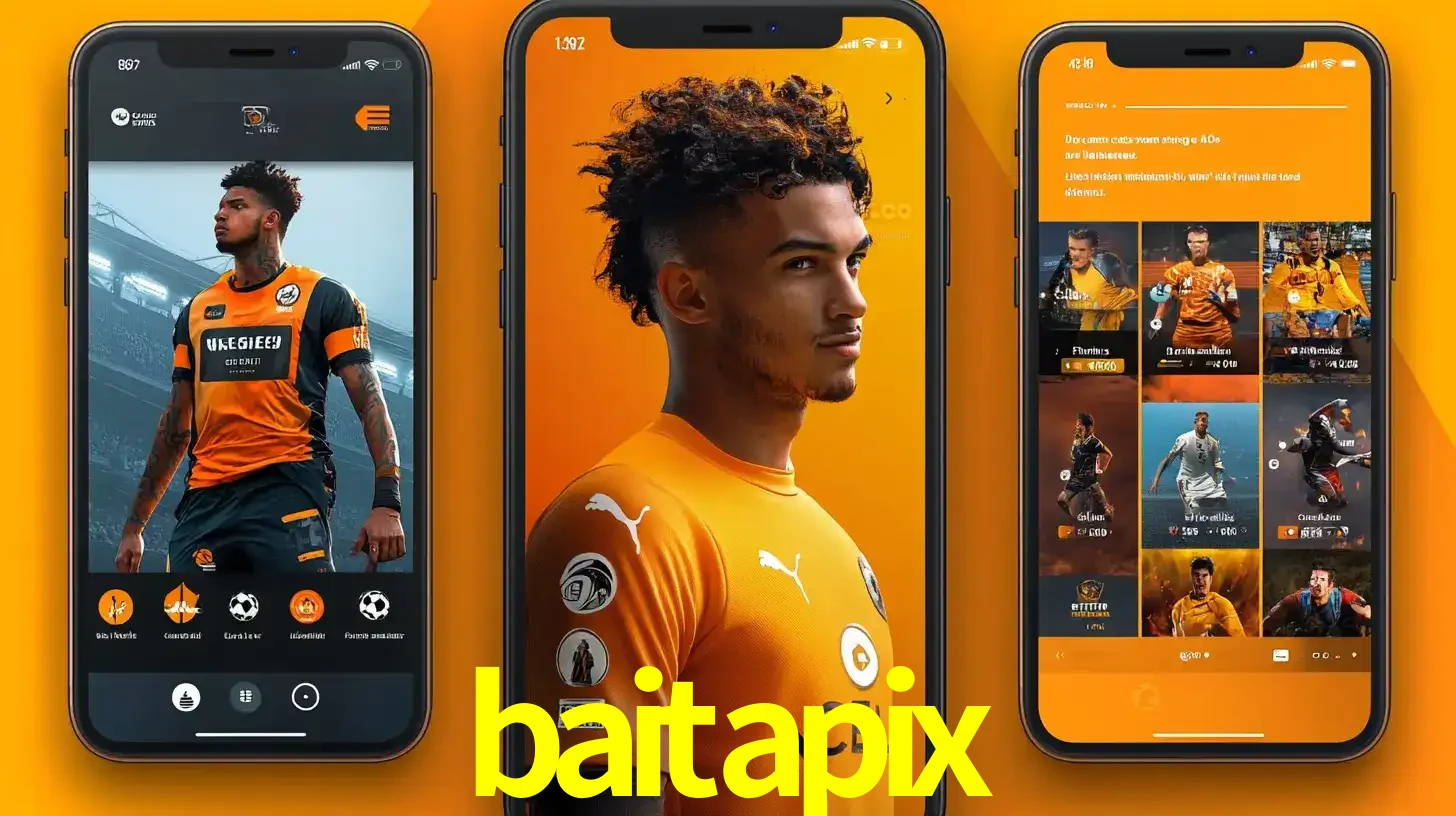 Interface do aplicativo de apostas esportivas baitapix em três telas de celular, mostrando o perfil de um jogador de futebol e a lista de jogos disponíveis para apostar.
