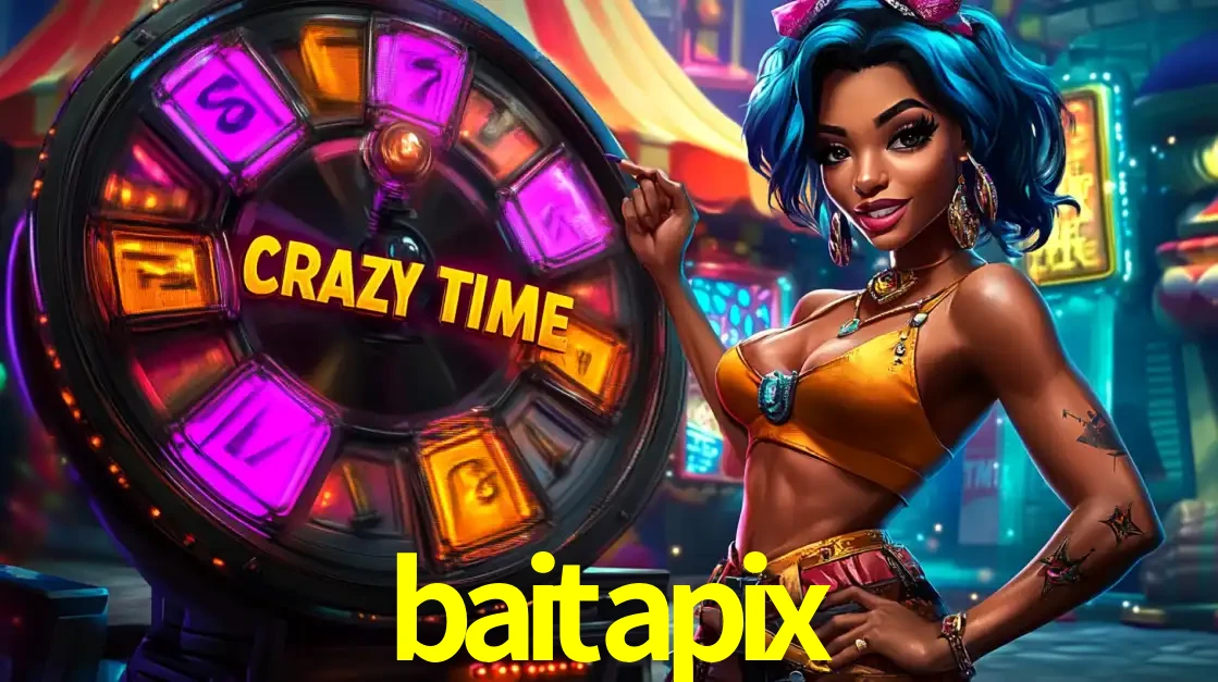 Mulher estilizada com cabelo azul e visual vibrante posando ao lado da roda de prêmios do game show Crazy Time, convidando para a diversão e os bônus do cassino baitapix.