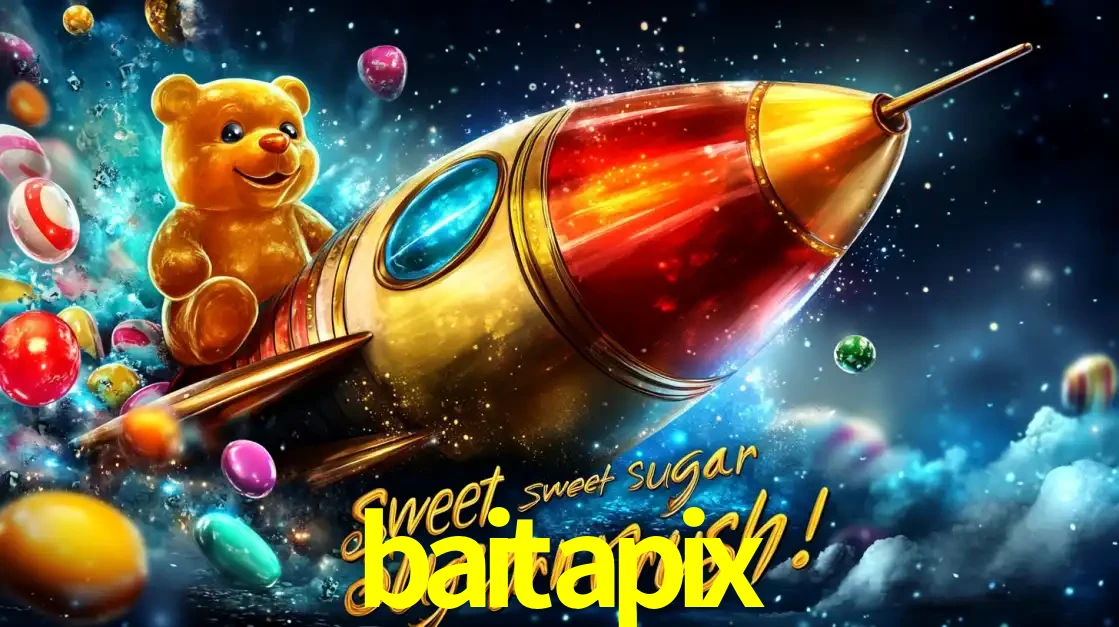 Arte promocional do jogo de slot Sugar Rush, com um urso de pelúcia em um foguete viajando pelo espaço de doces, um dos jogos divertidos disponíveis no cassino baitapix.