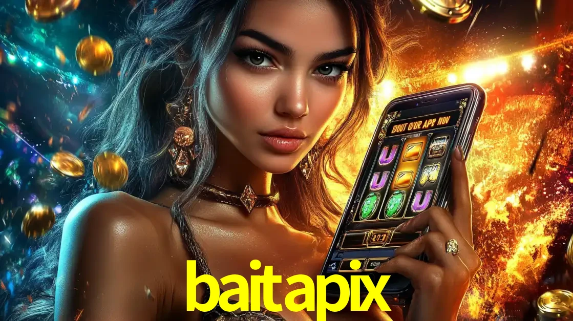 Mulher elegante mostrando um jogo de caça-níqueis em seu smartphone, destacando a experiência de cassino móvel oferecida pelo aplicativo baitapix.