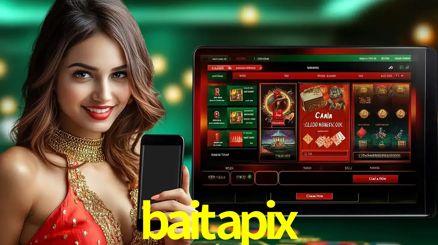 Mulher sorridente segurando um smartphone, ao lado de uma tela exibindo o lobby de jogos do cassino online baitapix, com várias opções de jogos de cartas e slots.